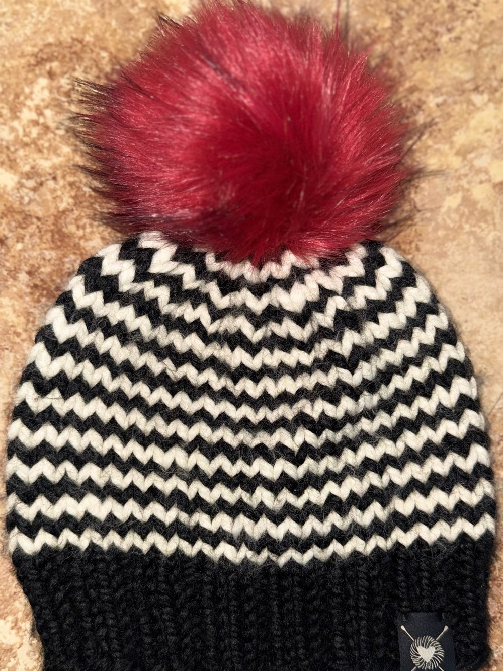 Knit Pom Beanie with Red Pom and Black & White Chevron